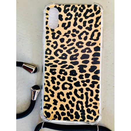 Apple iPhone X / XS silicone hoesje Luipaard/ Panter print met koord black en gratis screenprotector