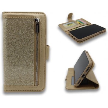 Samsung Galaxy A20E Hoesje - Hoge Kwaliteit Glitter Portemonnee Book Case met Rits - Goud