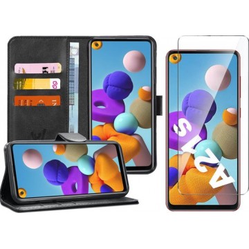 Samsung A21s Hoesje en Samsung A21s Screenprotector - Samsung Galaxy A21s Hoesje Book Case Leer Wallet Zwart + Screen Protector
