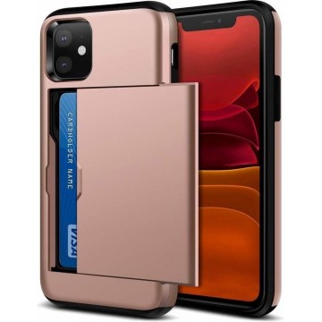 Kaarthouder case met slide iPhone 12 - 6.1 inch - roze
