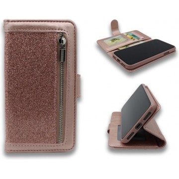Samsung Galaxy A21S Hoesje Roségoud - Hoge Kwaliteit Glitter Portemonnee Book Case met Rits