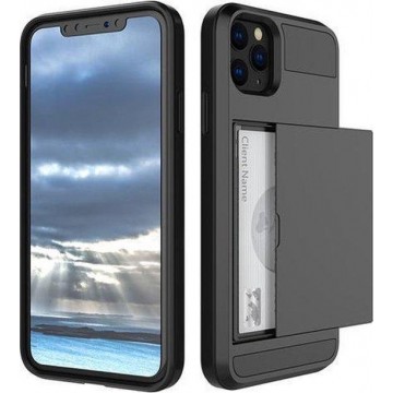 Hoesje voor iPhone 12 Pro (6.1) - Hard case hoesje met ruimte voor pasjes - Zwart - Pasjeshouder telefoonhoesje - LunaLux
