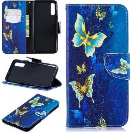 Goud blauwe vlinder agenda wallet case hoesje Samsung Galaxy A50 / A30s