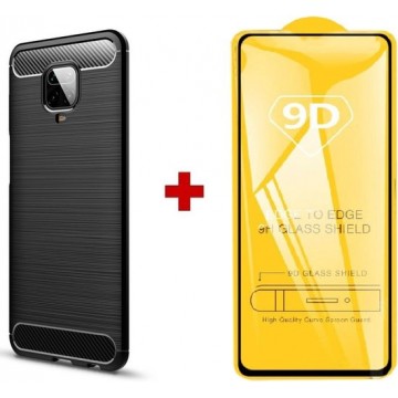 Silicone gel zwart hoesje Xiaomi Redmi Note 9s / Note 9 Pro met full cover glas screenprotector