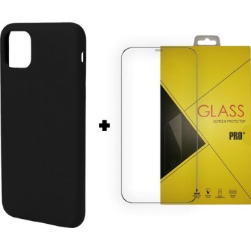 iPhone 12 Hoesje - Zwart - Tempered Glass Screenprotector 9H & Siliconen Backcover Case