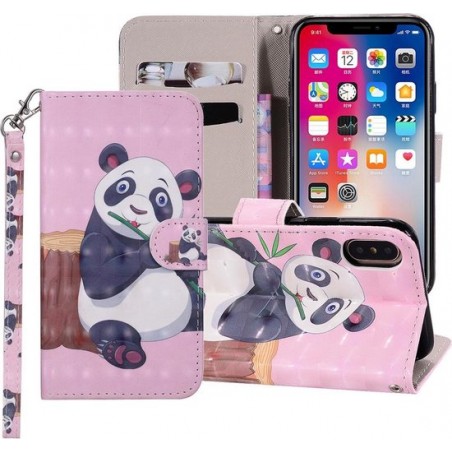 Panda patroon gekleurde horizontale flip lederen hoesje voor iPhone XR, met houder & kaartsleuven & portemonnee & draagkoord