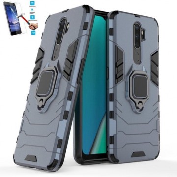 Oppo A9 2020 Robuust Kickstand Shockproof Grijs Cover Case Hoesje - 1 x Tempered Glass Screenprotector