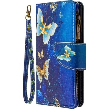 Iphone SE (2020) / 7 / 8 - Portemonnee met rits - book-case hoesje - ruimte voor 9 pasjes - goud blauw vlinders