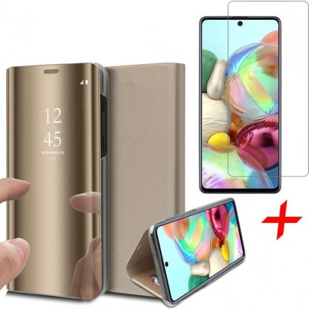 Samsung A71 Hoesje en Samsung A71 Screenprotector - Samsung Galaxy A71 Hoesje Book Case Spiegel + Screenprotector - Goud