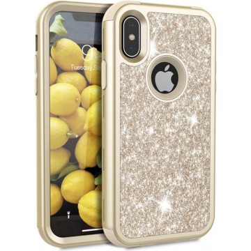 Apple iPhone X - iPhone XS Glitter Back Cover - Goud -  360º Armor Bescherming - 3 in 1 Hybrid