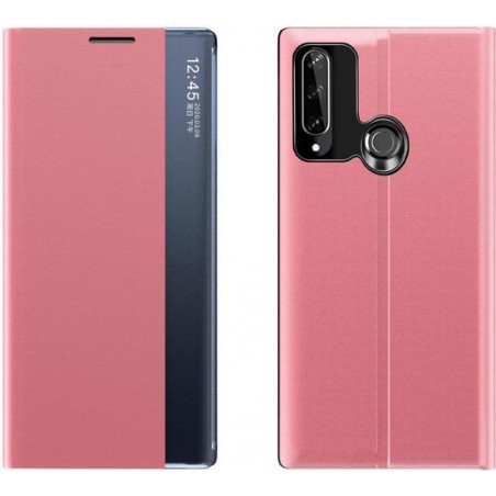 Smart Clear View Cover met  Magneetsluiting voor Huawei P30 Lite – Roze