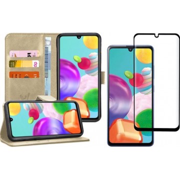 Samsung A41 Hoesje en Samsung A41 Screenprotector - Samsung Galaxy A41 Hoesje Book Case Leer Wallet Goud + Screen Protector Full