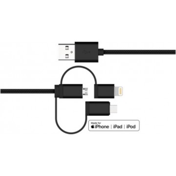 NÖRDIC LGNG-N1012, 3 in 1 USB naar USB-C / Micro-USB / Apple Lightning combikabel, 1 meter, MFi, Grijs