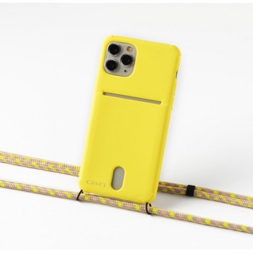 Apple iPhone XR silicone hoesje geel met koord camouflage yellow en ruimte voor pasje