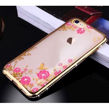 Apple Iphone 6 / 6S Siliconen hoesje goud (bloemetjes, diamantjes)