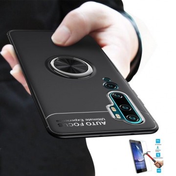 Xiaomi Mi Note 10 / Mi CC9 Pro Ring Zwart Cover Case Hoesje Siliconen Tpu - 1 x Tempered Glass Screenprotector