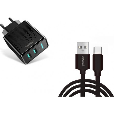 DrPhone Kevlar Pro® - 3 Meter TPE USB-C Kabel + 2 Poorten Thuislader - Voor Type-C Aansluiting (Tablet/Smartphone) - Zwart