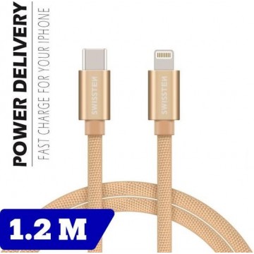 Swissten Lightning naar USB-C Kabel voor iPhone/iPad - 1.2M - Goud
