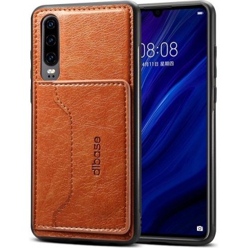 Huawei P30 hoesje, Lederen gelcase met standaard en kaarthouder, cognac bruin - Telefoonhoesje geschikt voor: Huawei P30
