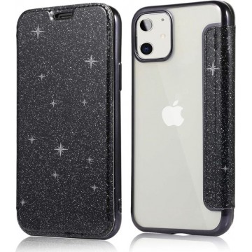 Apple iPhone 11 Flip Case - Zwart - Glitter - PU leer - Soft TPU - Folio