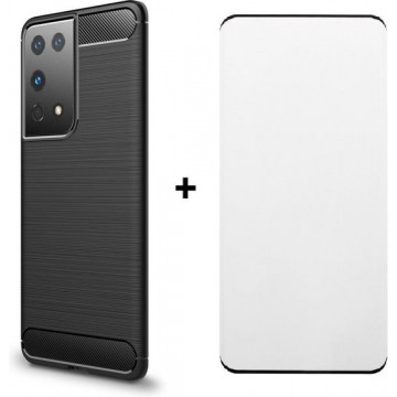 Silicone gel zwart hoesje Samsung Galaxy S21 Ultra met full cover glas screenprotector