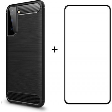 Silicone gel zwart hoesje Samsung Galaxy S21 met full cover glas screenprotector