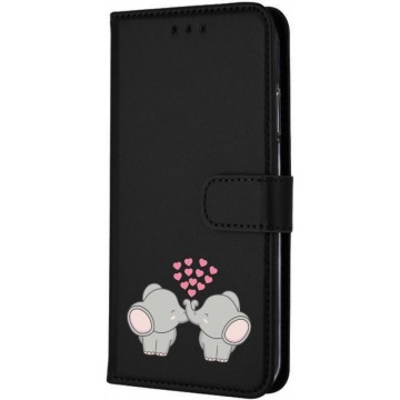 Apple Iphone 11 zwart bookcase bescherm hoesje Olifantjes / Hartjes