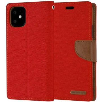 Apple iPhone 12 Denim Bookcase - Rood - Spijkerstof - Portemonnee hoesje