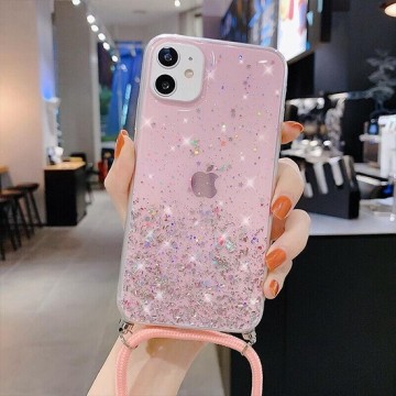 Glitter hoesje met koord iPhone 11 - roze