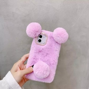 Casies Bunny / Panda telefoonhoesje - Apple iPhone SE (2020)/ 8/ 7 - Paars - konijnen hoesje - Pluche / Fluffy