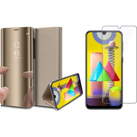 Samsung M31 Hoesje en Samsung M31 Screenprotector - Samsung Galaxy M31 Hoesje Spiegel Book Case Goud + Screen Protector Glas