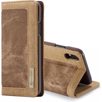 CaseMe zakelijke stijl horizontaal Flip PC + denim canvas lederen tas voor iPhone XR, met houder & kaartsleuven (bruin)