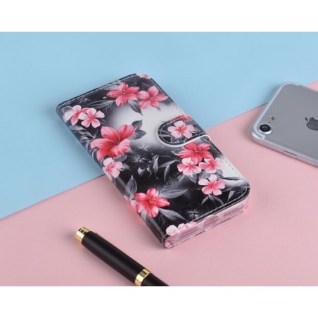 P.C.K. Hoesje/Boekhoesje luxe zwart met roze bloemen print geschikt voor Apple Iphone XR