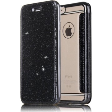 Flip Case Glitter voor Apple iPhone 6 - iPhone 6s - Zwart - Hoogwaardig PU leer - Soft TPU - Folio