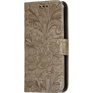 Mobigear Lace Bloem Leather Wallet Hoesje Grijs Apple iPhone 11 Pro