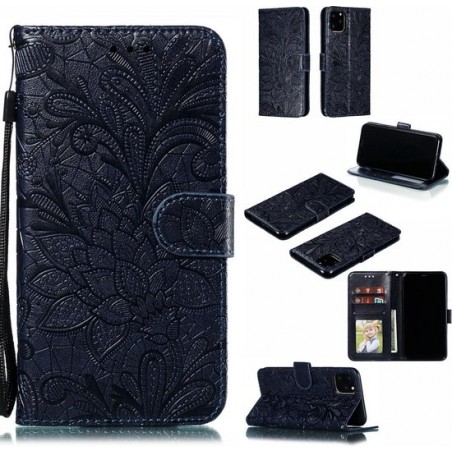 Let op type!! Lace Flower Horizontal Flip Leather Case with Holder & Card Slots & Wallet for iPhone 11 Pro Max(Dark Blue)