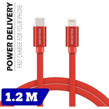 Swissten Lightning naar USB-C Kabel voor iPhone/iPad - 1.2M - Rood