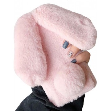 Bunny telefoonhoesje - konijnen hoesje - iPhone 12 / 12 Pro (6.1") - Roze - Fluffy / Pluche