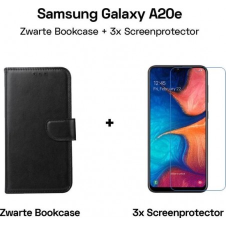 Samsung Galaxy A20e Hoesje Bookcase Zwart + 3x Screenprotector / Tempered Glass