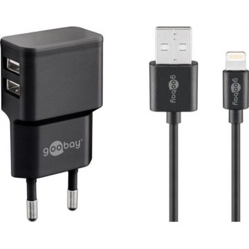 Nedis Goobay USB-A thuislader met 2 poorten en losse 8-pins Lightning - USB kabel - 2,4A / zwart - 1 meter