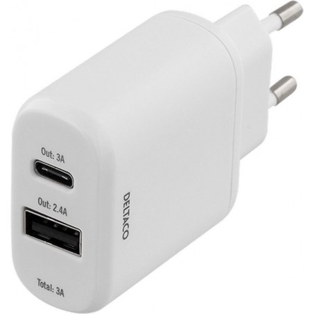 Deltaco USBC-AC105 230V USB en USB-C oplader met 1 USB (2.4A - 5V) en 1 USB-C max 3A 15W - Wit