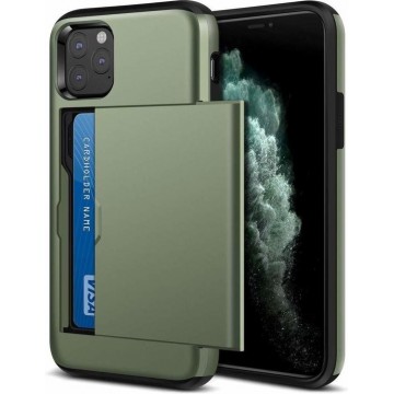Kaarthouder case met slide iPhone 11 Pro - groen +  Glazen Screenprotector