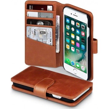 Hoesje geschikt voor Apple iPhone SE (2020), iPhone 8 en iPhone 7, MobyDefend Luxe echt lederen 3-in-1 bookcase, Cognac bruin