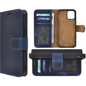 Iphone 12 pro Hoesje - Bookcase - iPhone 12 pro Book Case Wallet Echt Leder Hoesje Denimblauw Cover