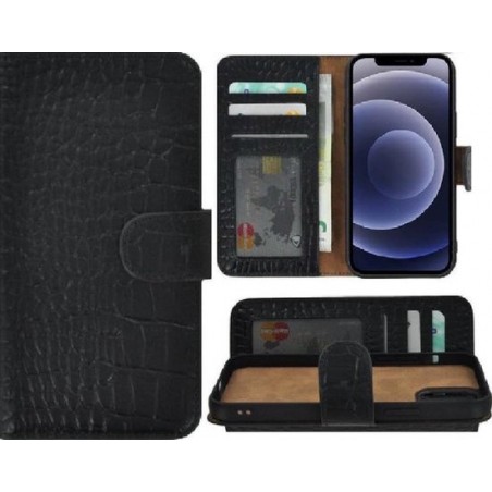 Iphone 12 Hoesje - Bookcase - Iphone 12 Book Case Wallet Echt Leder Croco Zwart Cover