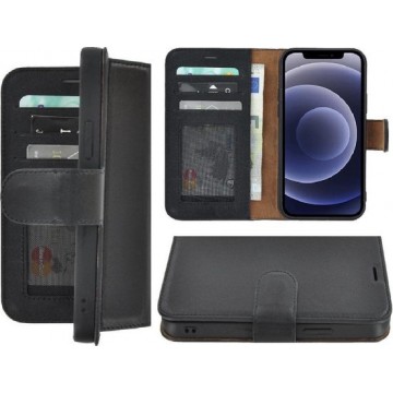 Iphone 12 Hoesje - Bookcase - Iphone 12 Hoesje Portemonnee wallet Echt Leder Zwart Cover