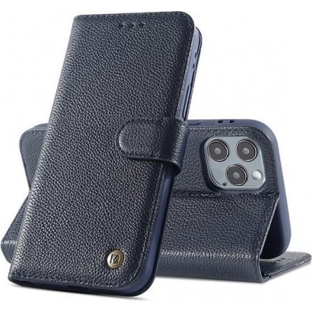 Echt Lederen Book Case Hoesje voor iPhone 12  / 12 Pro - Navy