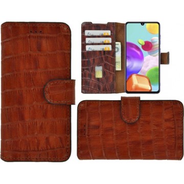 Samsung Galaxy A41 hoesje Cover Wallet Bookcase Pearlycase Echt Leder hoes Croco Bruin
