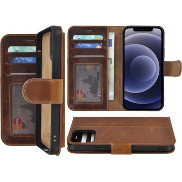 Iphone 12 Mini Hoesje - Bookcase - Iphone 12 Mini Hoesje Portemonnee wallet Echt Leder Cognac Bruin Cover