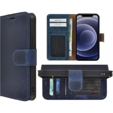 Iphone 12 Pro Max Hoesje - Bookcase - Iphone 12 Pro Max Book Case Wallet Echt Leder Hoesje Denimblauw Cover